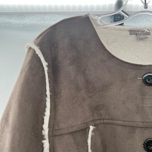 J.Jill Faux Suede Coat Faux Fur Lining Button Up Brown/Cream Size Medium - Picture 5 of 9